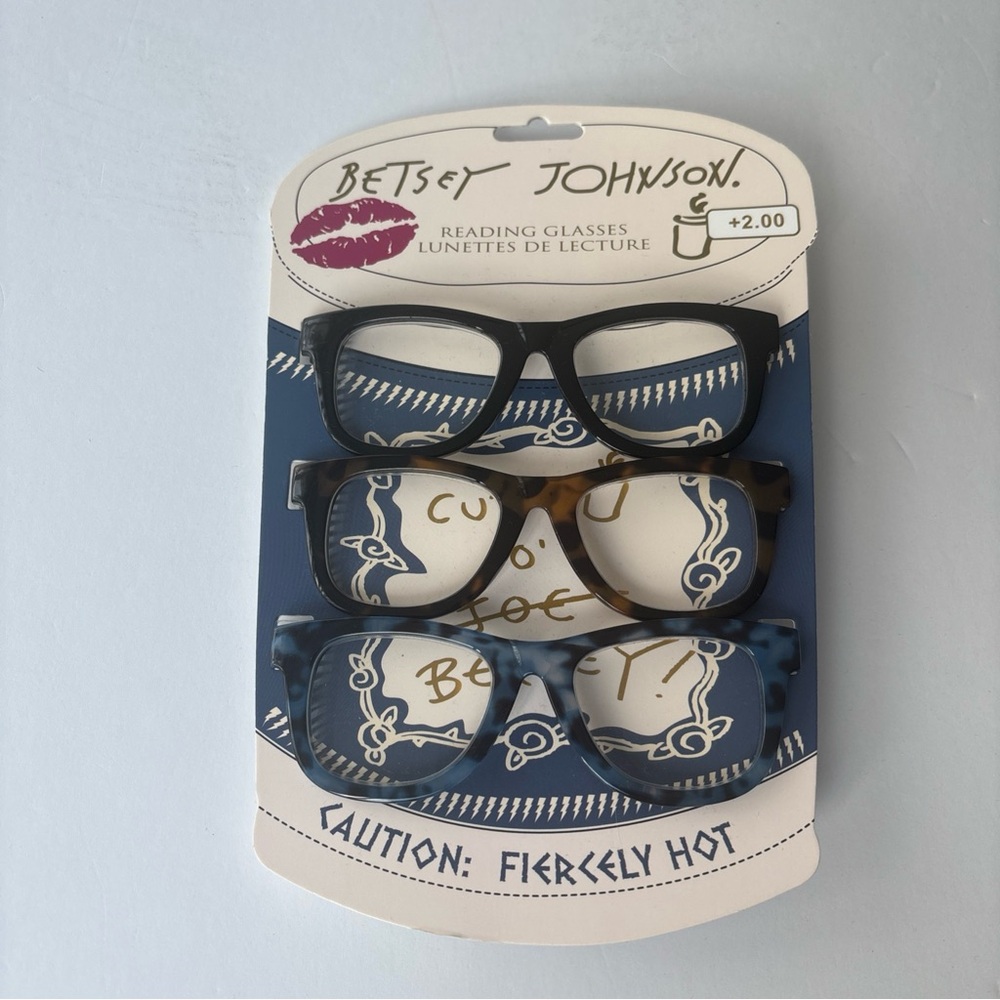 Betsey Johnson Non-Prescription 3 Pack Reading Glasses in black, tortoise, blue